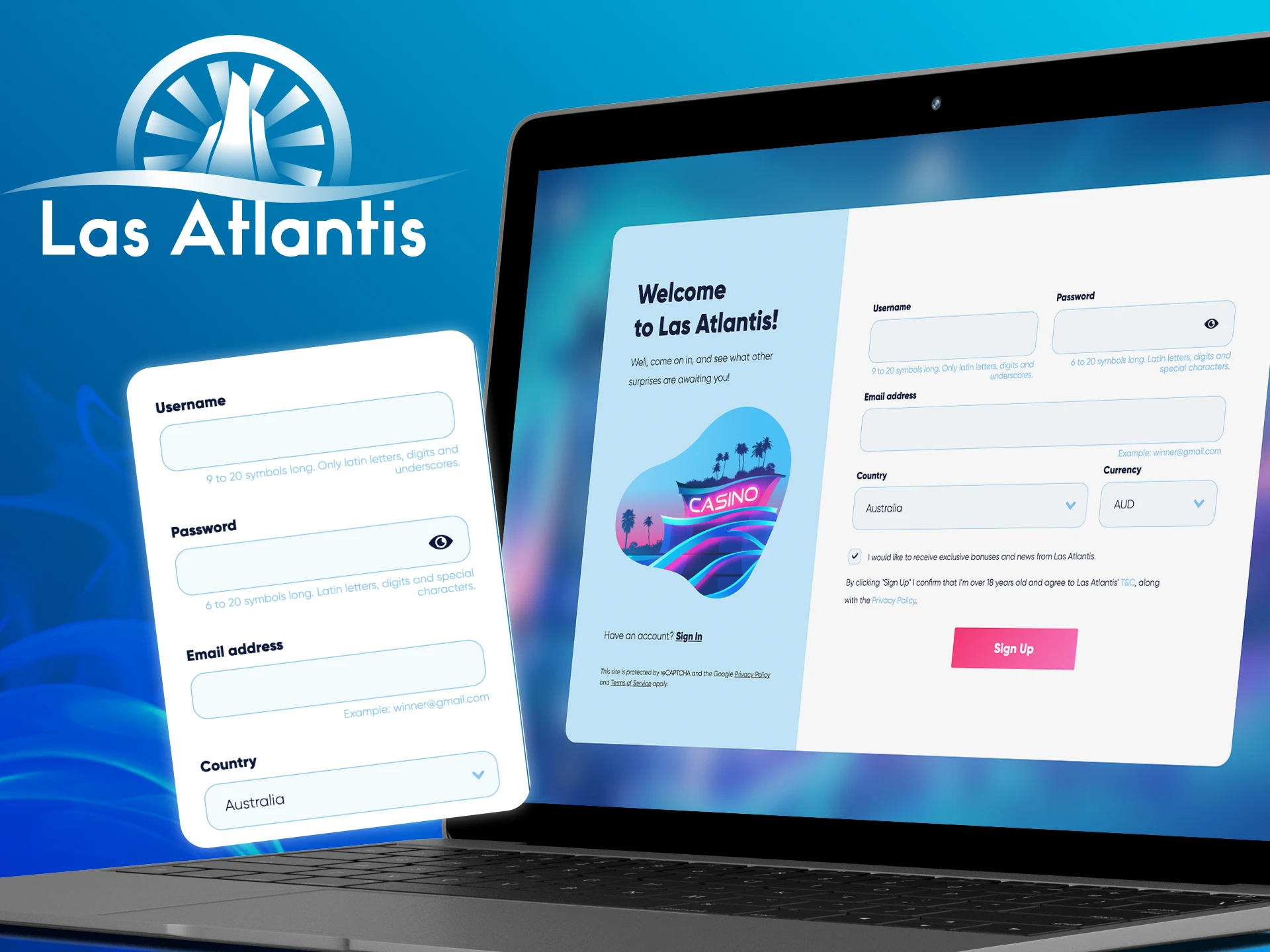 Instructions on how to create an account on the Las Atlantis casino website.