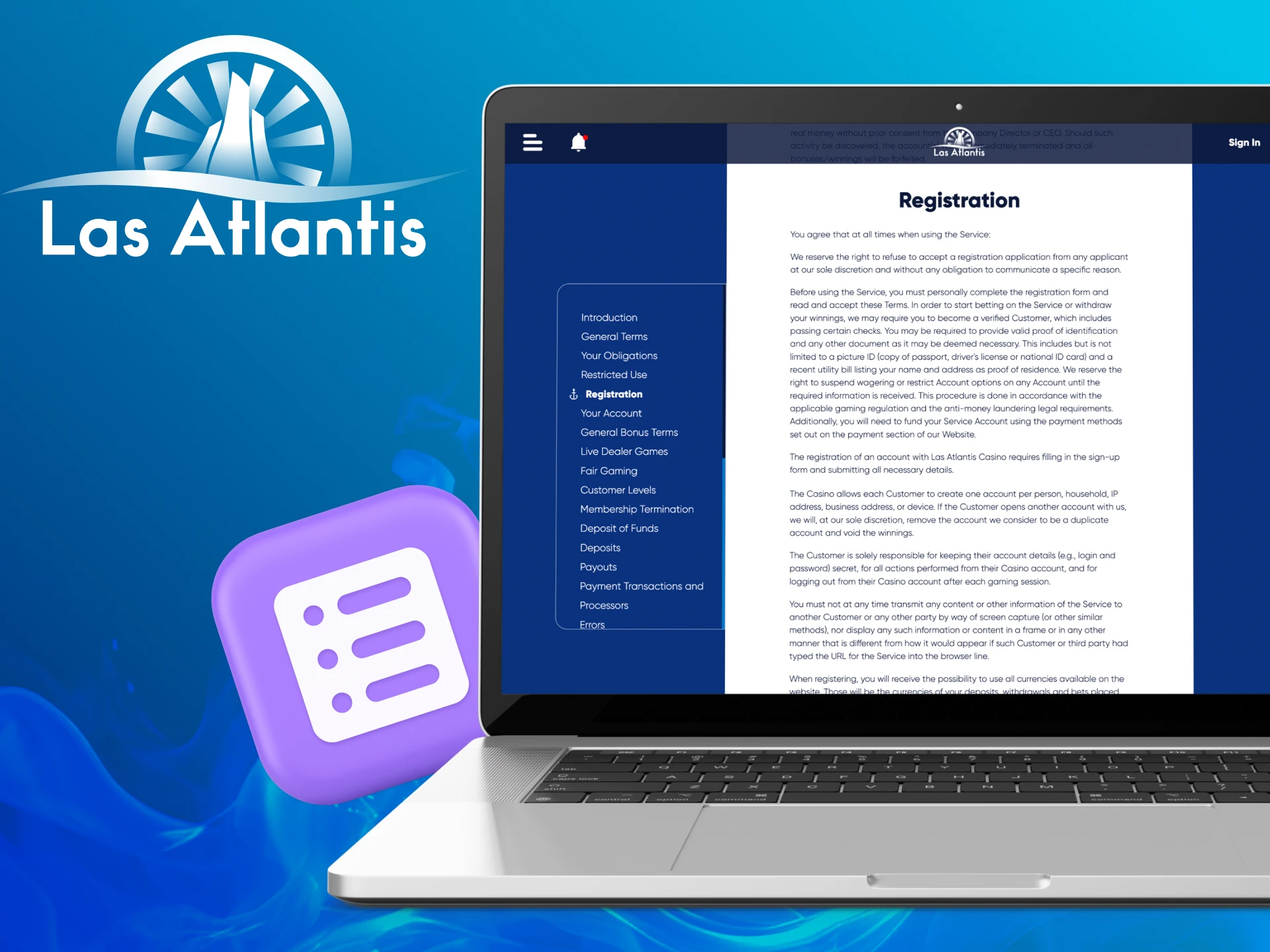 What are the conditions for registering on the Las Atlantis casino website.