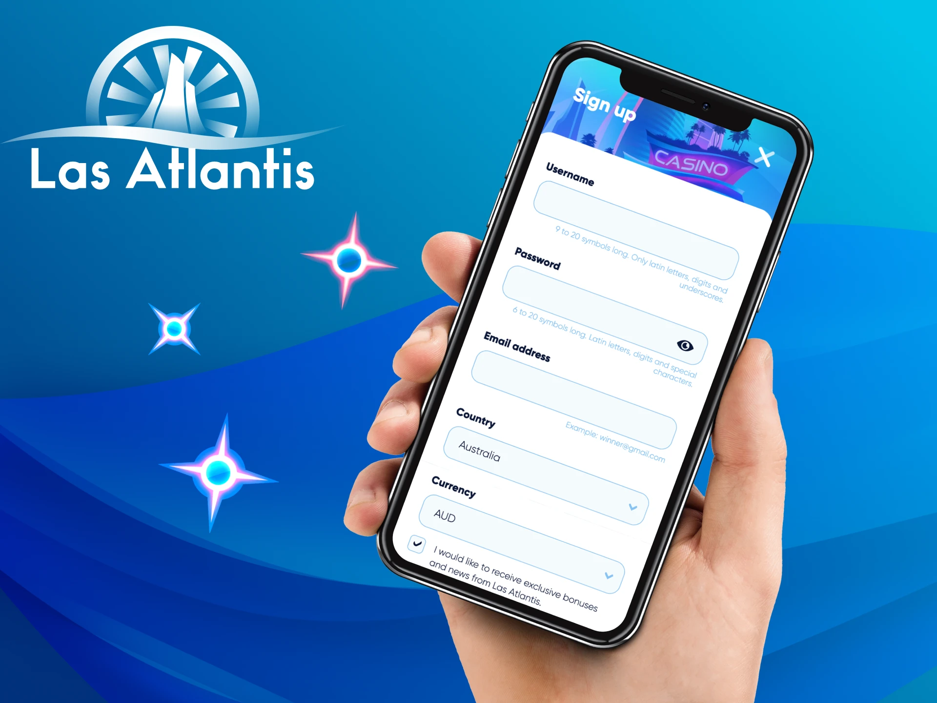 How to create an account at Las Atlantis casino in the mobile application.